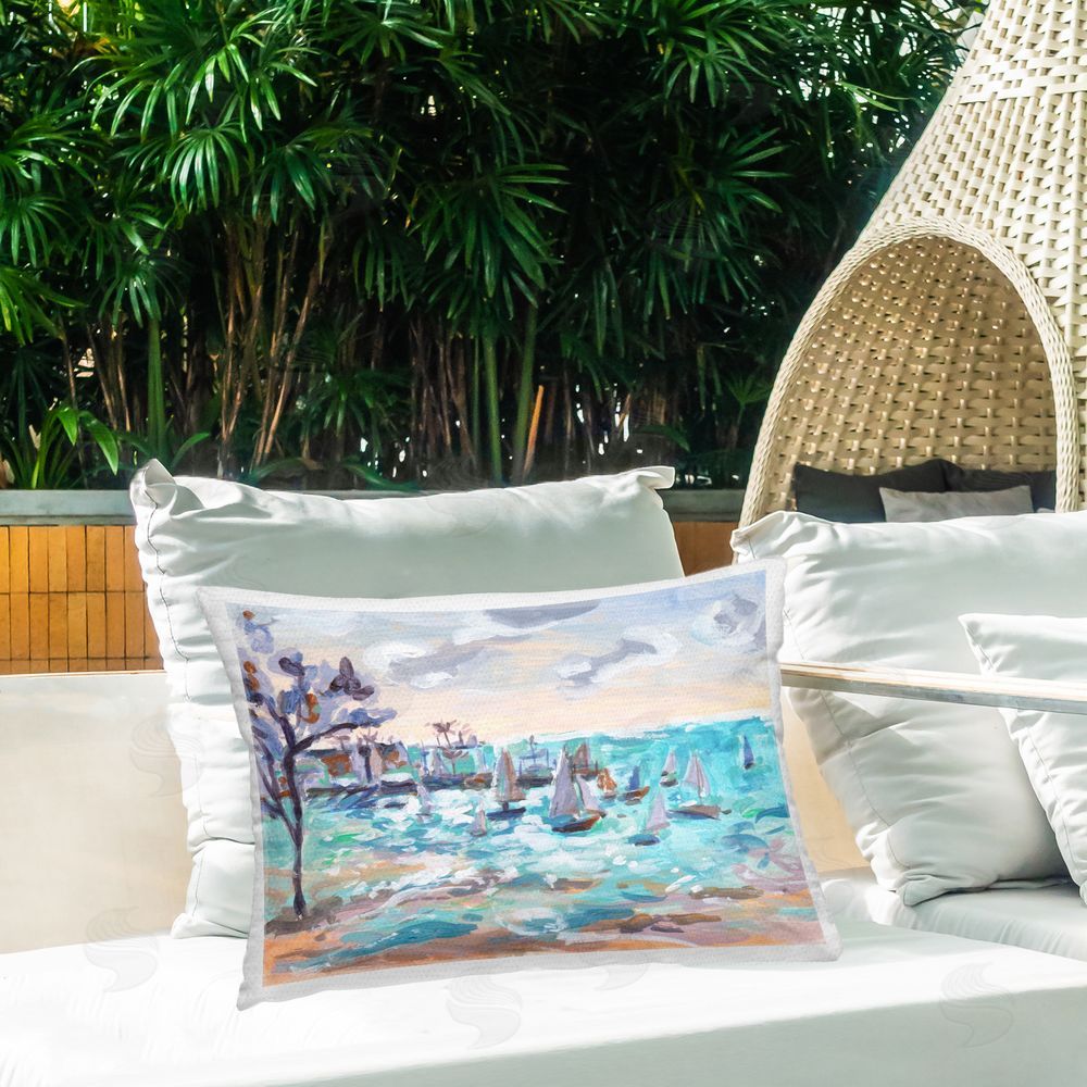 Melissa Wang Sailboat Fleet by Shore Outdoor Quick-Dry Polyester Printed Throw Pillow in Back Yard