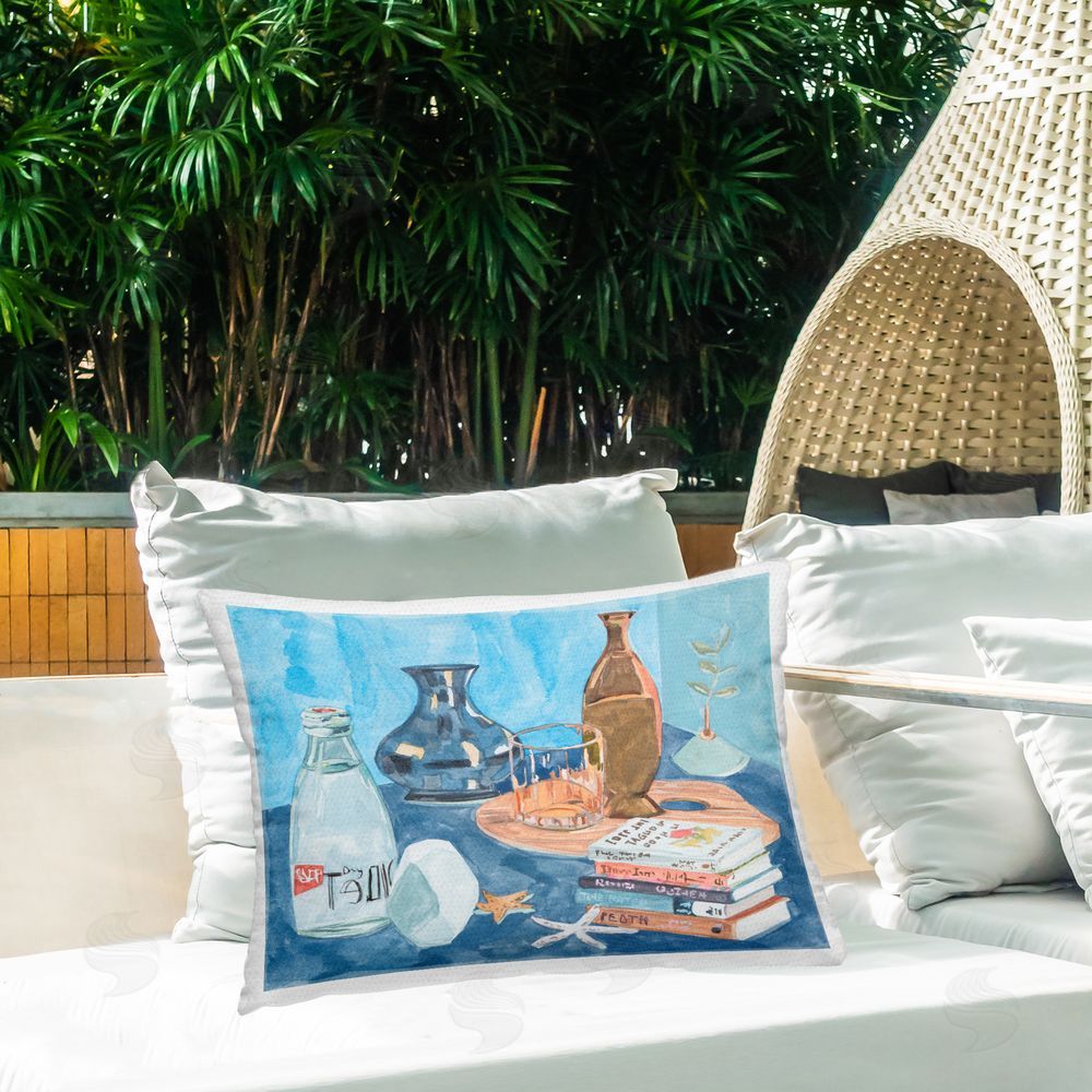 Melissa Wang Still Life with Book Stack Outdoor Quick-Dry Polyester Printed Throw Pillow in Back Yard
