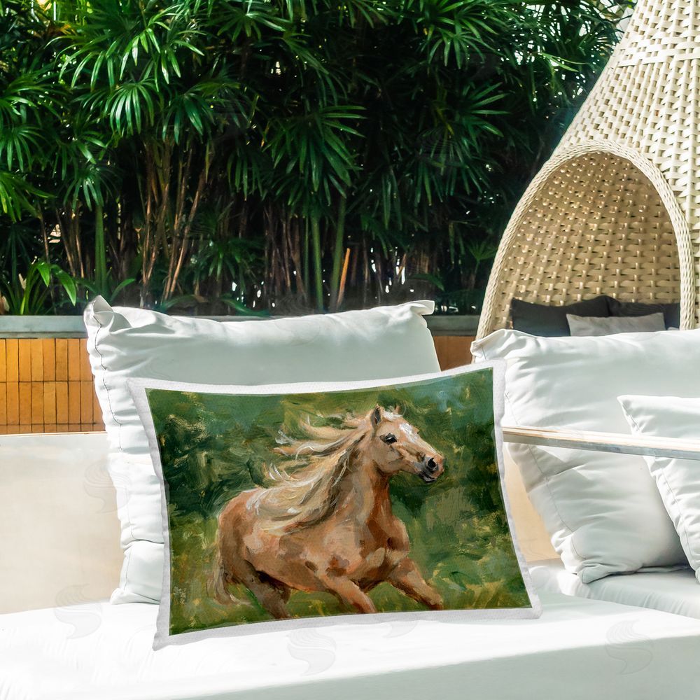 Victoria Barnes Dashing Horse in Nature Outdoor Quick-Dry Polyester Printed Throw Pillow in Back Yard