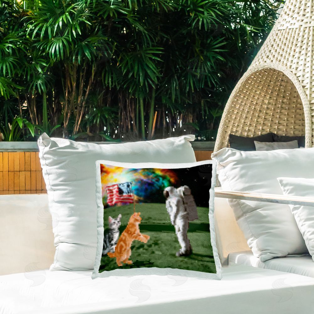 June Erica Vess Pixel Cats & Astronaut Outdoor Quick-Dry Polyester Printed Throw Pillow in Back Yard