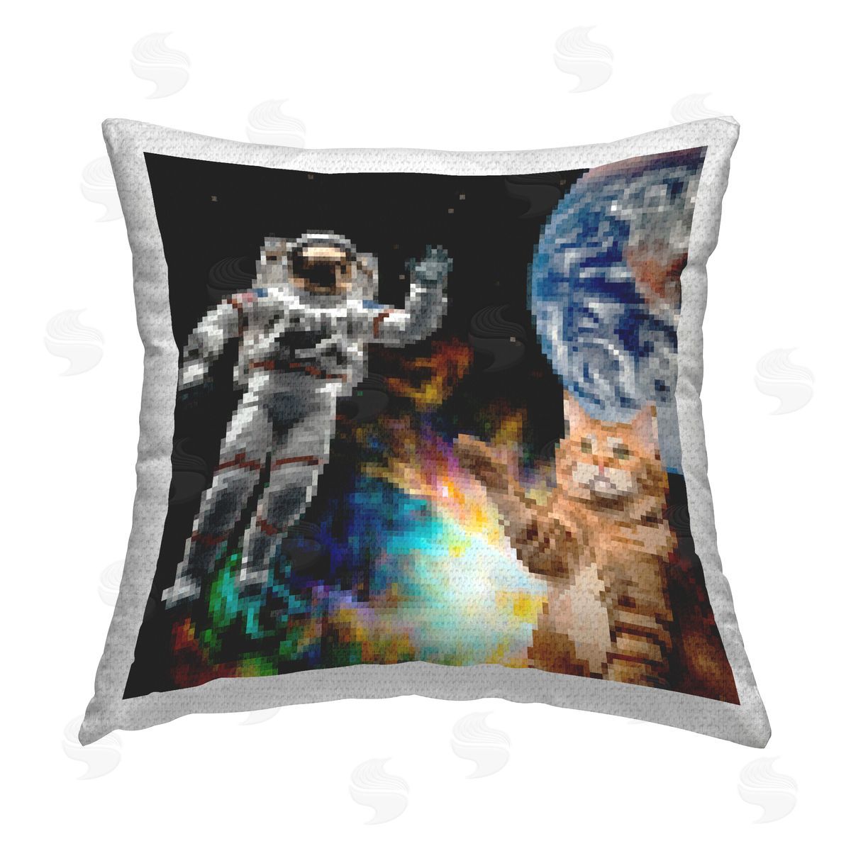 June Erica Vess Pixel Cat in Space Outdoor Quick-Dry Polyester Printed Throw Pillow