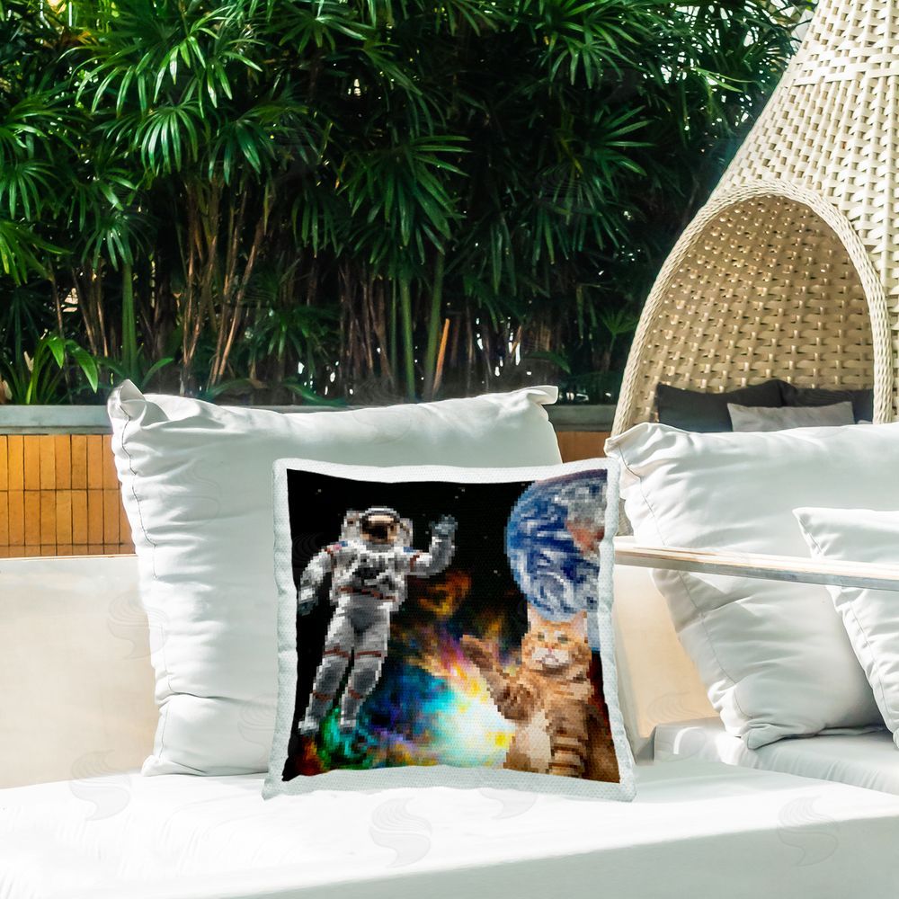 June Erica Vess Pixel Cat in Space Outdoor Quick-Dry Polyester Printed Throw Pillow in Back Yard