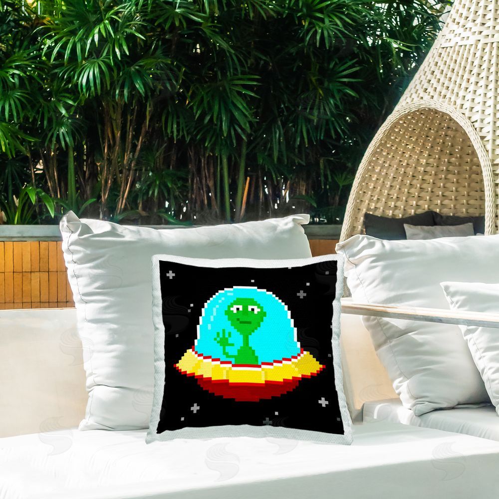 June Erica Vess Pixel Alien Spaceship Outdoor Quick-Dry Polyester Printed Throw Pillow in Back Yard