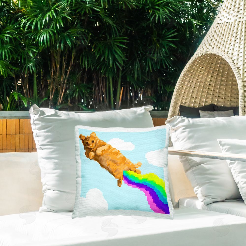 June Erica Vess Flying Rainbow Pixel Cat Outdoor Quick-Dry Polyester Printed Throw Pillow in Back Yard
