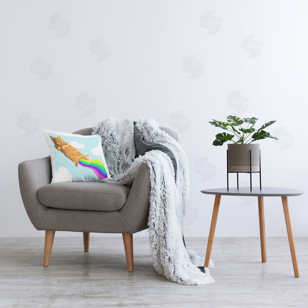 June Erica Vess Flying Rainbow Pixel Cat Printed Plush Polyester Throw Pillow On Chair