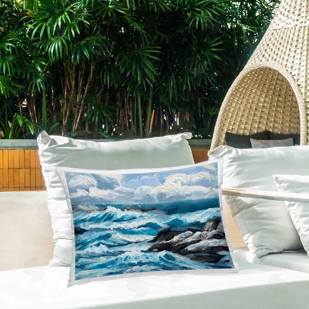 Melissa Wang Rough Sea Waves Splash Outdoor Quick-Dry Polyester Printed Throw Pillow in Back Yard