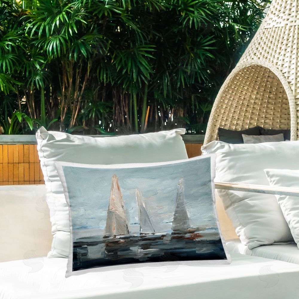 Ethan Harper Painterly Sailboat Trio Outdoor Quick-Dry Polyester Printed Throw Pillow in Back Yard