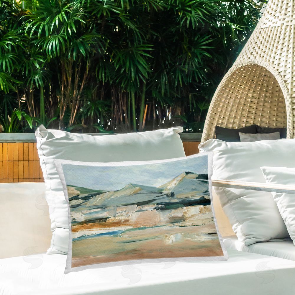 Ethan Harper Neutral Hued Mountains Outdoor Quick-Dry Polyester Printed Throw Pillow in Back Yard