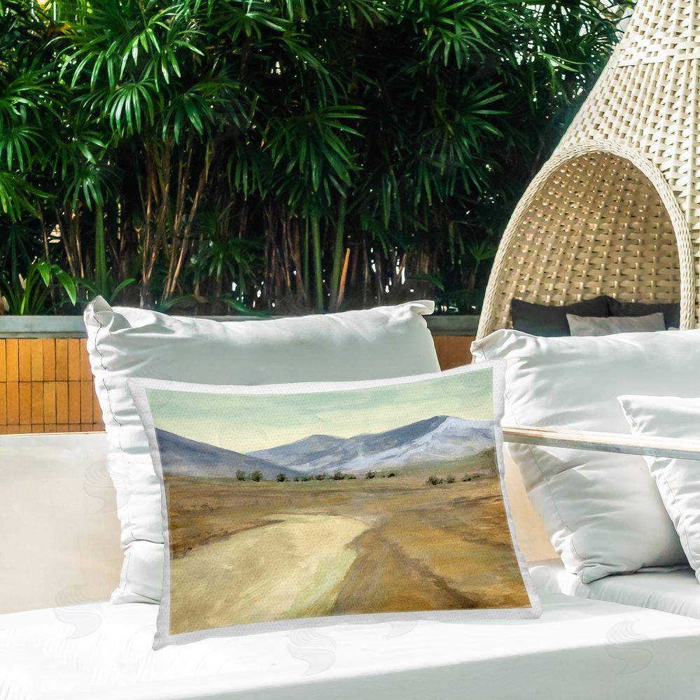 Michael Willett Distant Desert Mountains Outdoor Quick-Dry Polyester Printed Throw Pillow in Back Yard