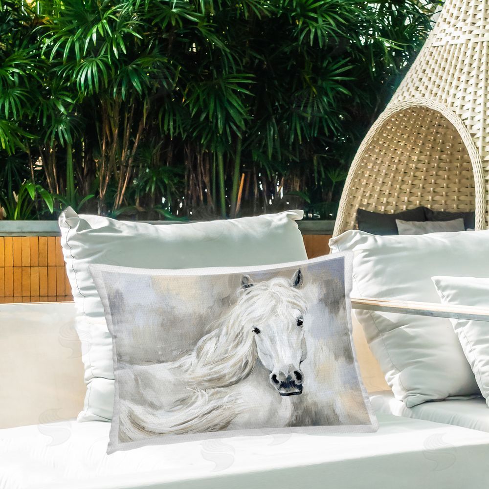 Victoria Barnes Lovely White Horse Portrait Outdoor Quick-Dry Polyester Printed Throw Pillow in Back Yard
