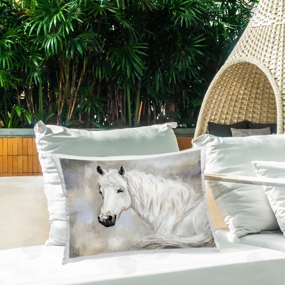 Victoria Barnes White Horse Elegance Outdoor Quick-Dry Polyester Printed Throw Pillow in Back Yard