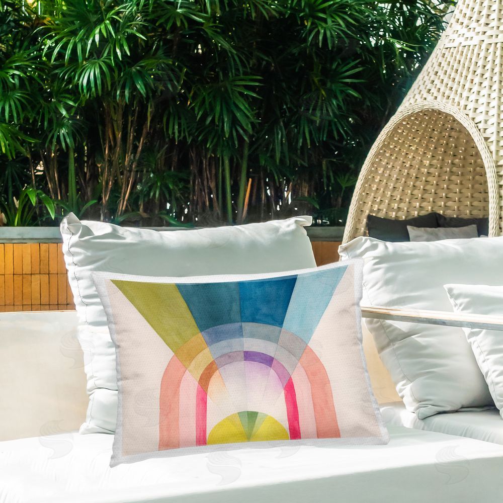 Grace Popp Sun Rays & Rainbow Outdoor Quick-Dry Polyester Printed Throw Pillow in Back Yard