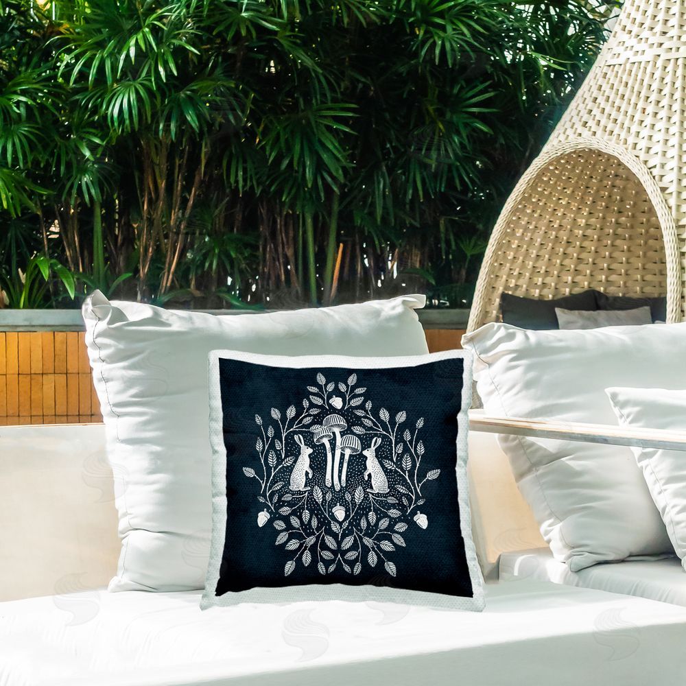 Katie O'Shea Rabbits & Leaves on Blue Outdoor Quick-Dry Polyester Printed Throw Pillow in Back Yard