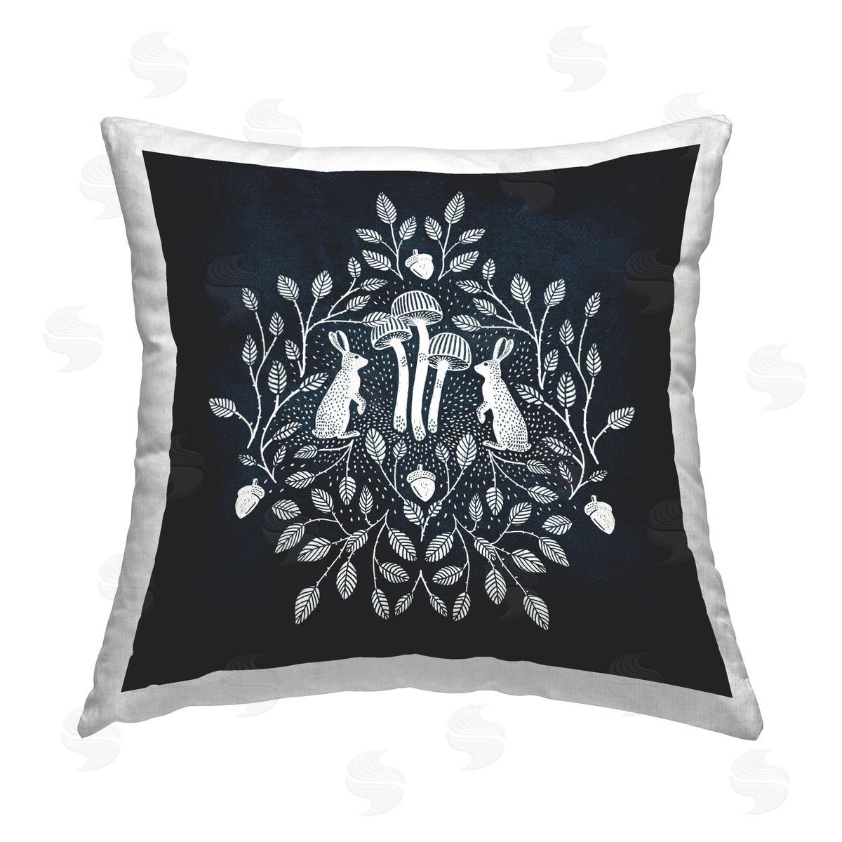 Katie O'Shea Rabbits & Leaves on Blue Printed Plush Polyester Throw Pillow