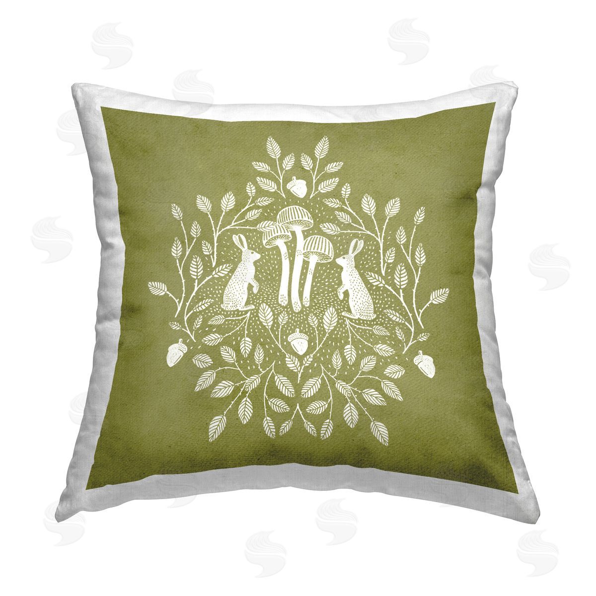 Katie O'Shea Olive Green Botanical Rabbits Printed Plush Polyester Throw Pillow