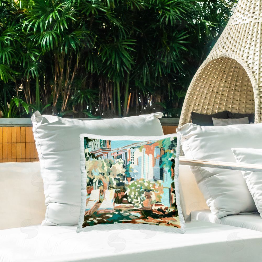 Melissa Wang City Street Abstraction Outdoor Quick-Dry Polyester Printed Throw Pillow in Back Yard