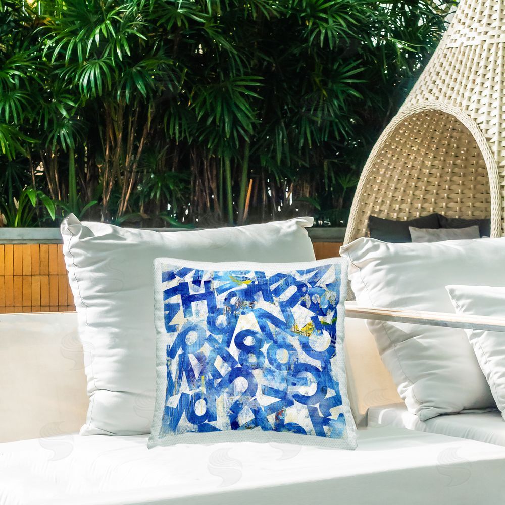 Laura Gibson Blue Typography Collage Outdoor Quick-Dry Polyester Printed Throw Pillow in Back Yard