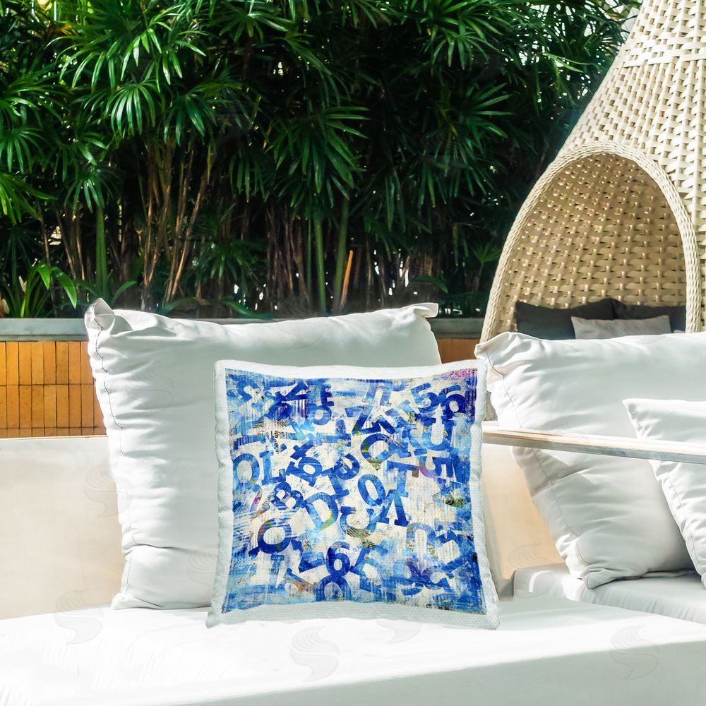 Laura Gibson Blue Letters Arrangement Outdoor Quick-Dry Polyester Printed Throw Pillow in Back Yard