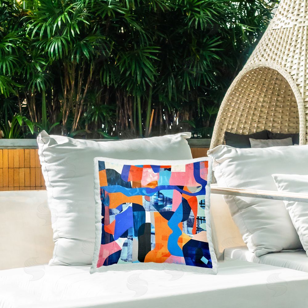 Walker Noble Wavy Woven Shapes Collage Outdoor Quick-Dry Polyester Printed Throw Pillow in Back Yard