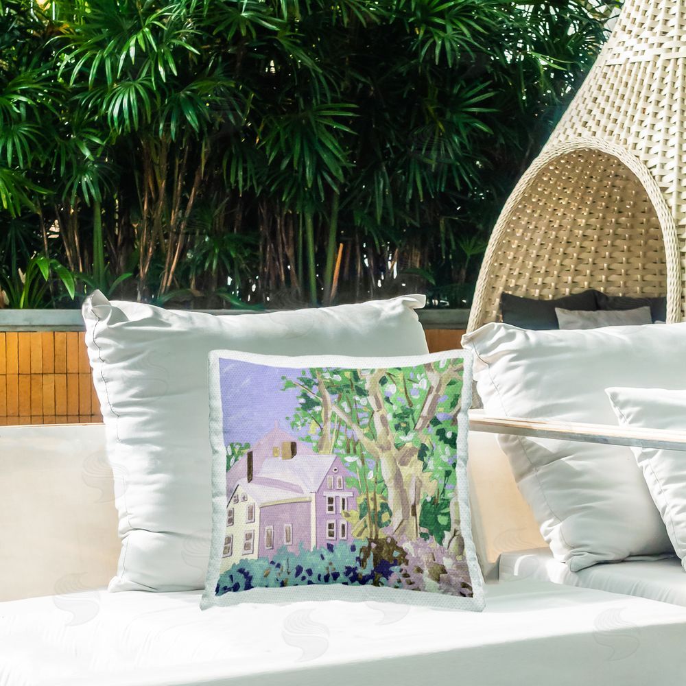 Melissa Wang Building View Through Trees Outdoor Quick-Dry Polyester Printed Throw Pillow in Back Yard