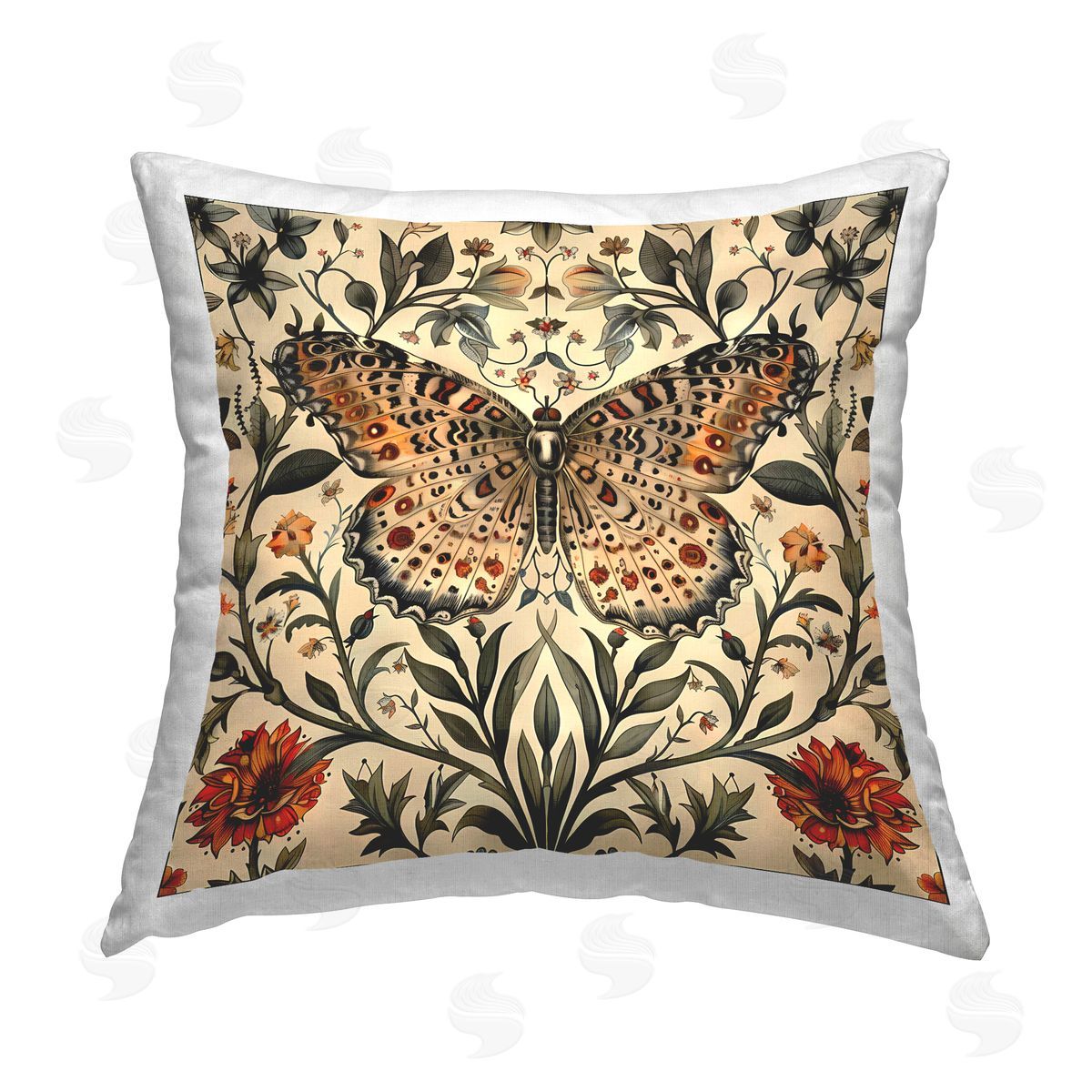 Walker Noble Baroque Butterfly & Botanicals Printed Plush Polyester Throw Pillow