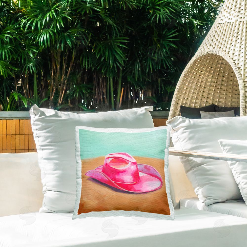 Grace Popp Pink Cowgirl Hat Outdoor Quick-Dry Polyester Printed Throw Pillow in Back Yard