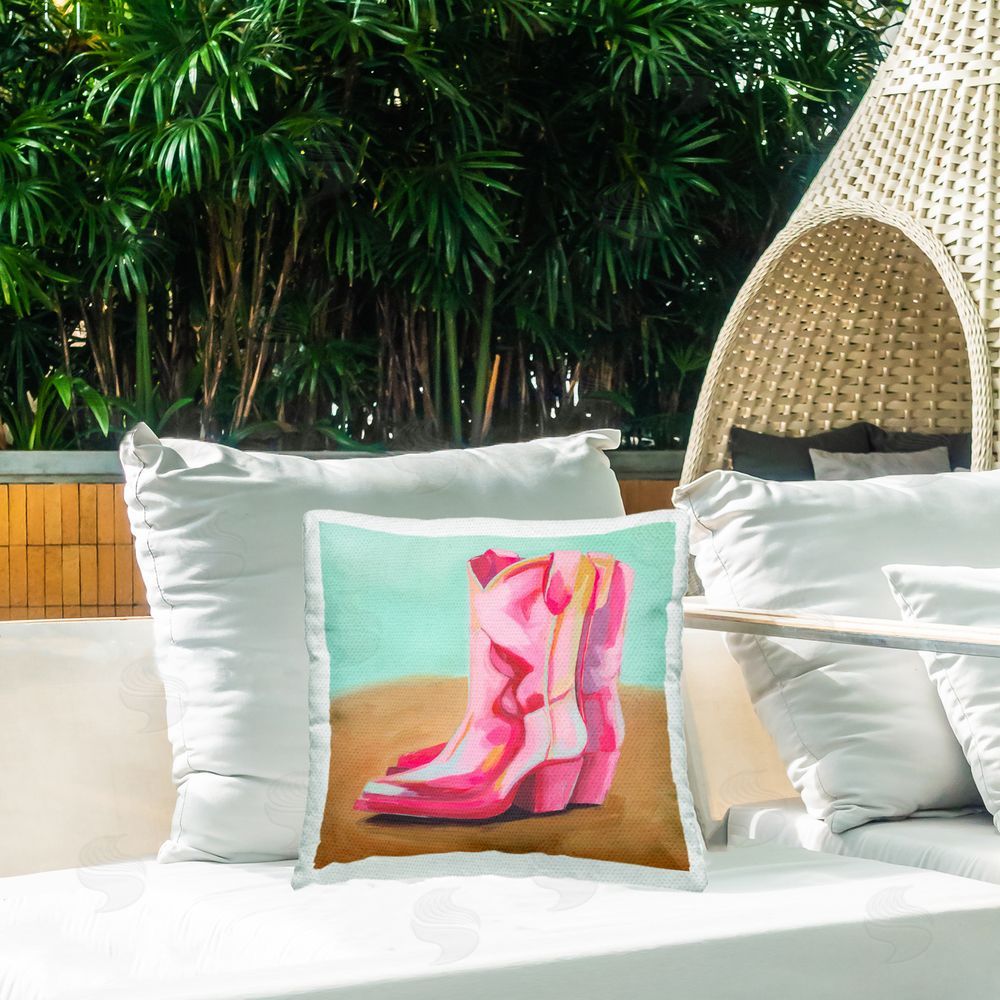 Grace Popp Pink Heeled Cowgirl Boots Outdoor Quick-Dry Polyester Printed Throw Pillow in Back Yard
