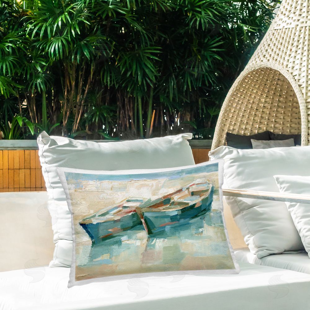 Ethan Harper Boat Duo on Shore Outdoor Quick-Dry Polyester Printed Throw Pillow in Back Yard