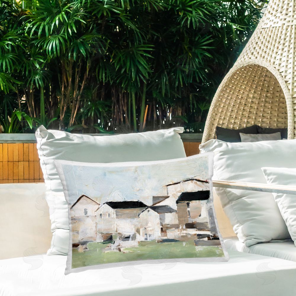 Ethan Harper Cluster of Buildings Abstraction Outdoor Quick-Dry Polyester Printed Throw Pillow in Back Yard