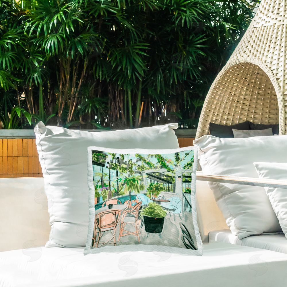 Melissa Wang Plant Filled Bistro Outdoor Quick-Dry Polyester Printed Throw Pillow in Back Yard