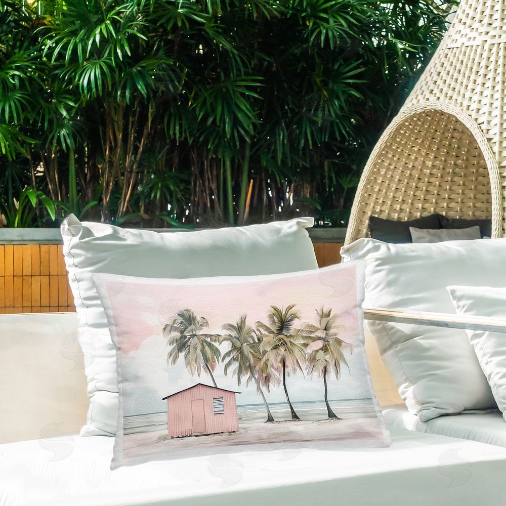 Arlington Prints Pink Beach Hut & Palms Outdoor Quick-Dry Polyester Printed Throw Pillow in Back Yard