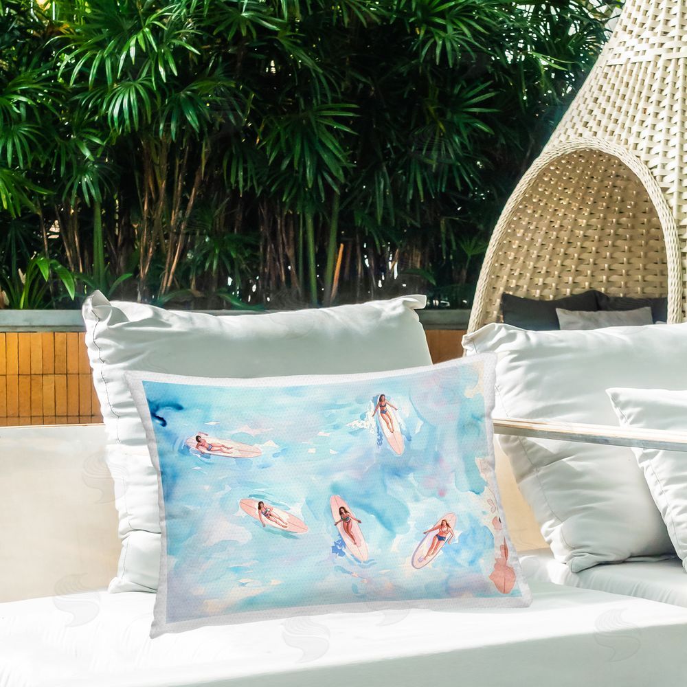 Arlington Prints Surfer Girls on Sea Outdoor Quick-Dry Polyester Printed Throw Pillow in Back Yard