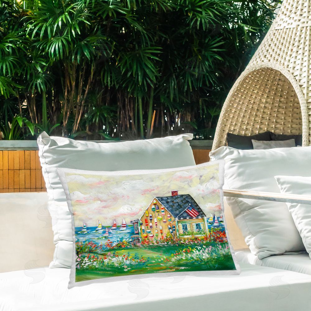 Estelle Grengs Buoy Covered Boat House Outdoor Quick-Dry Polyester Printed Throw Pillow in Back Yard