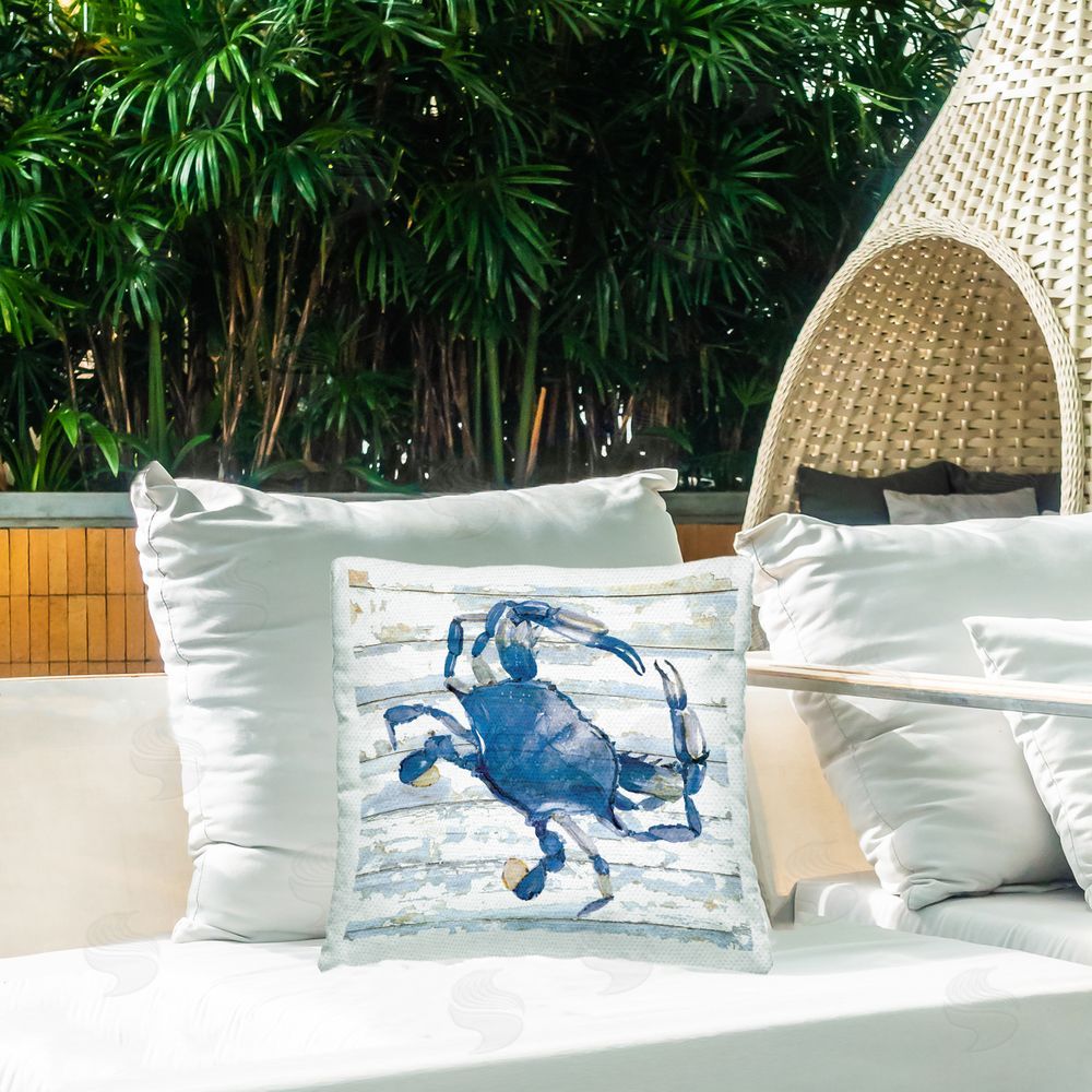Jessie Perry Blue Crab on Distressed Outdoor Quick-Dry Polyester Printed Throw Pillow in Back Yard