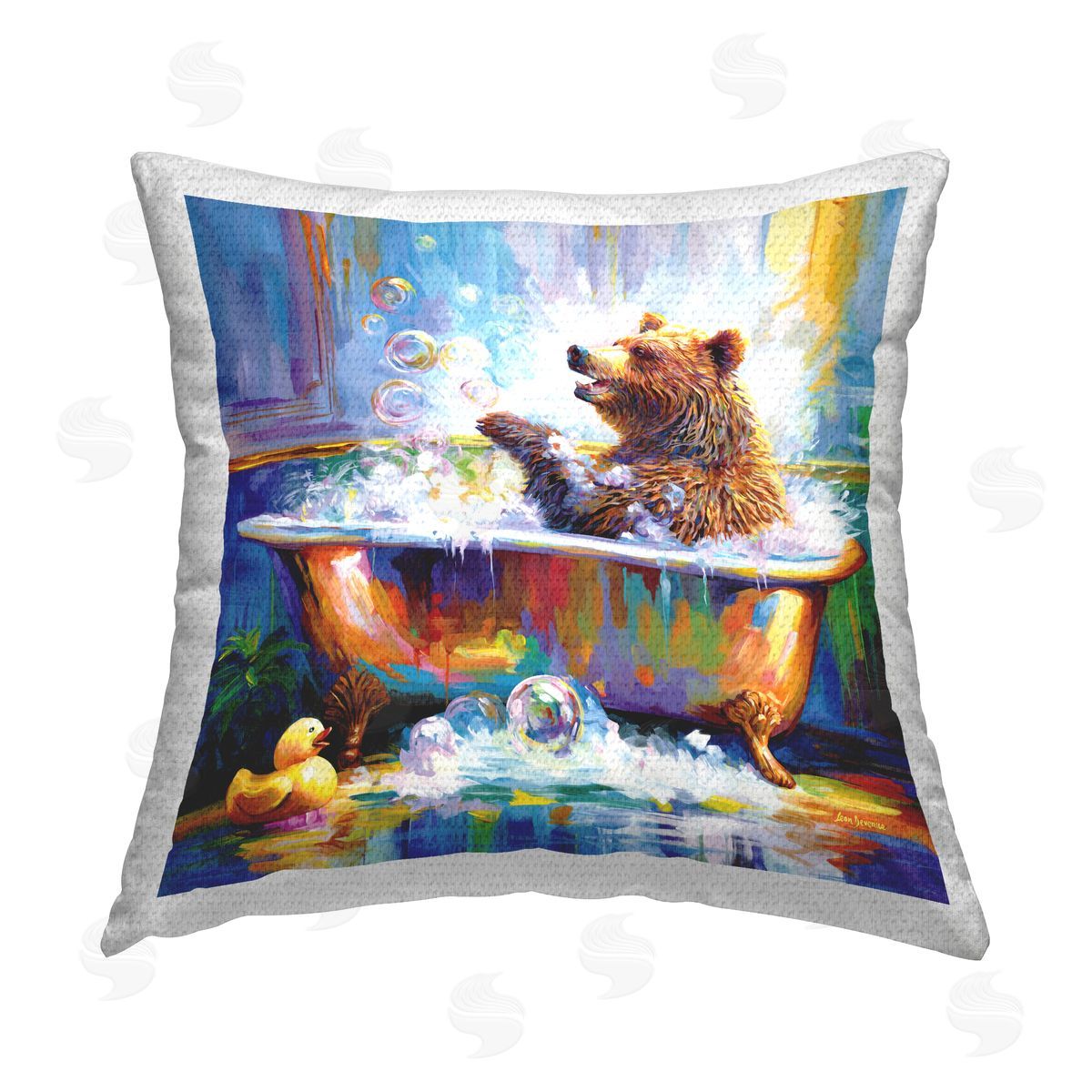 Leon Devenice Happy Bear in Bathtub Outdoor Quick-Dry Polyester Printed Throw Pillow