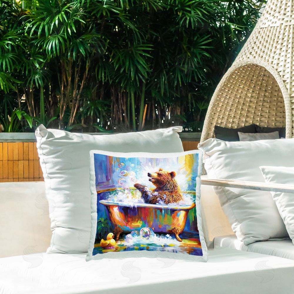 Leon Devenice Happy Bear in Bathtub Outdoor Quick-Dry Polyester Printed Throw Pillow in Back Yard