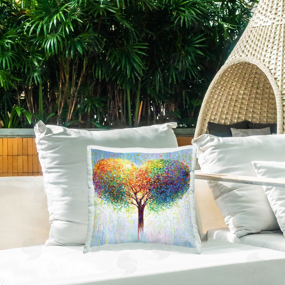 Leon Devenice Bold Hued Heart Tree Outdoor Quick-Dry Polyester Printed Throw Pillow in Back Yard
