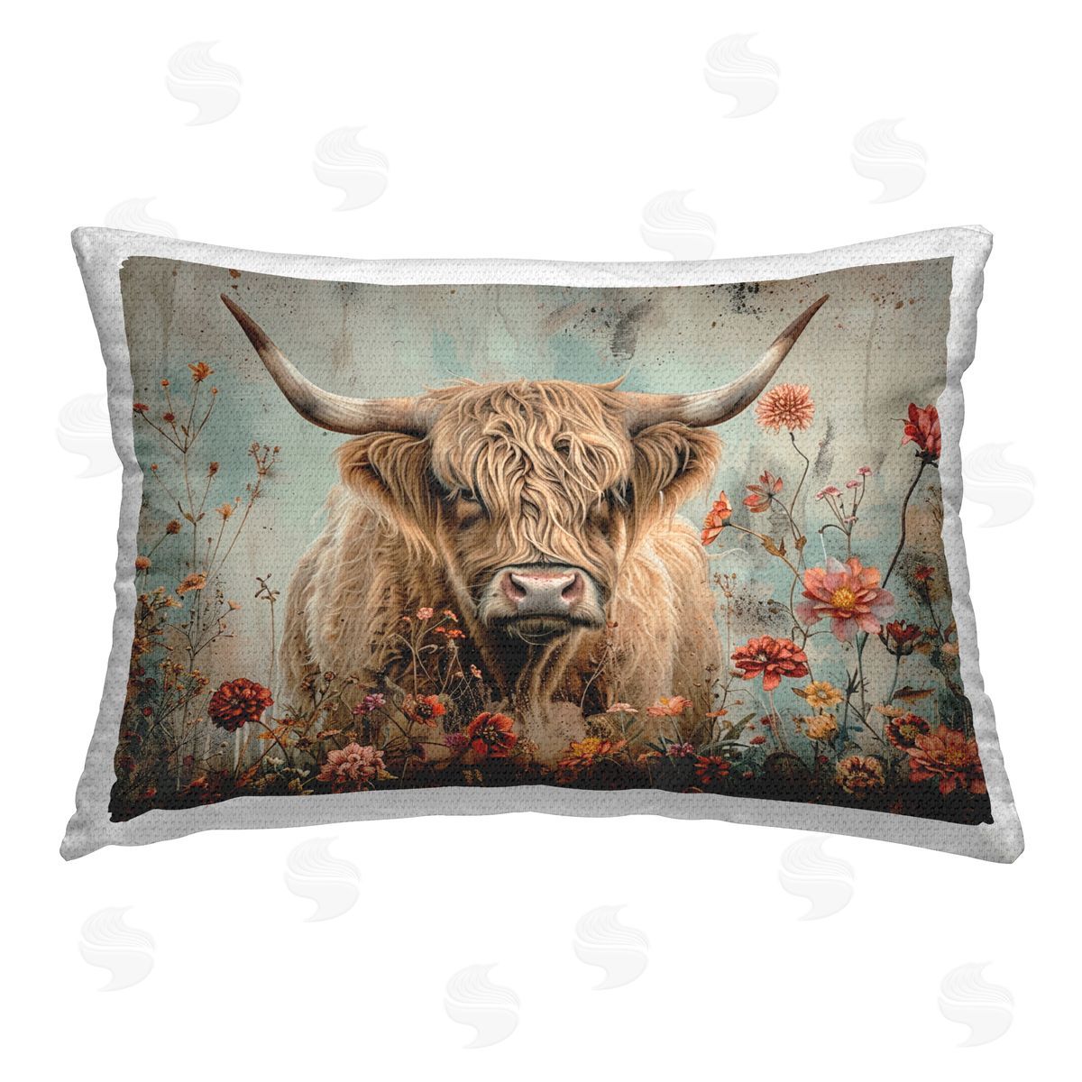 LSR Design Studio Spring Blooms Highland Cow Outdoor Quick-Dry Polyester Printed Throw Pillow