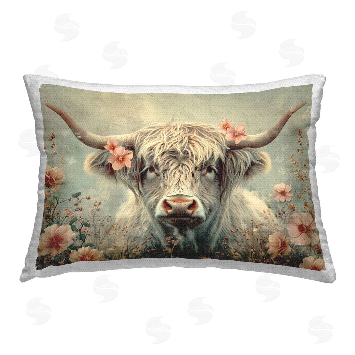 LSR Design Studio Cow with Cherry Blossoms Outdoor Quick-Dry Polyester Printed Throw Pillow