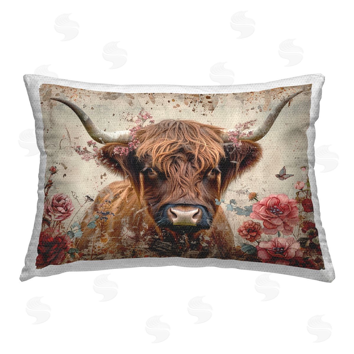 LSR Design Studio Highland Cow in Spring Outdoor Quick-Dry Polyester Printed Throw Pillow