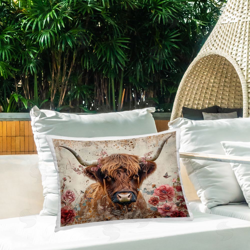 LSR Design Studio Highland Cow in Spring Outdoor Quick-Dry Polyester Printed Throw Pillow in Back Yard