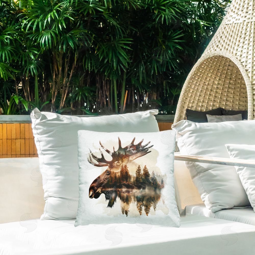 LSR Design Studio Moose Antlers Silhouette Outdoor Quick-Dry Polyester Printed Throw Pillow in Back Yard