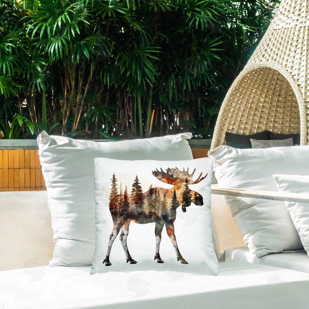 LSR Design Studio Moose Forest Silhouette Outdoor Quick-Dry Polyester Printed Throw Pillow in Back Yard