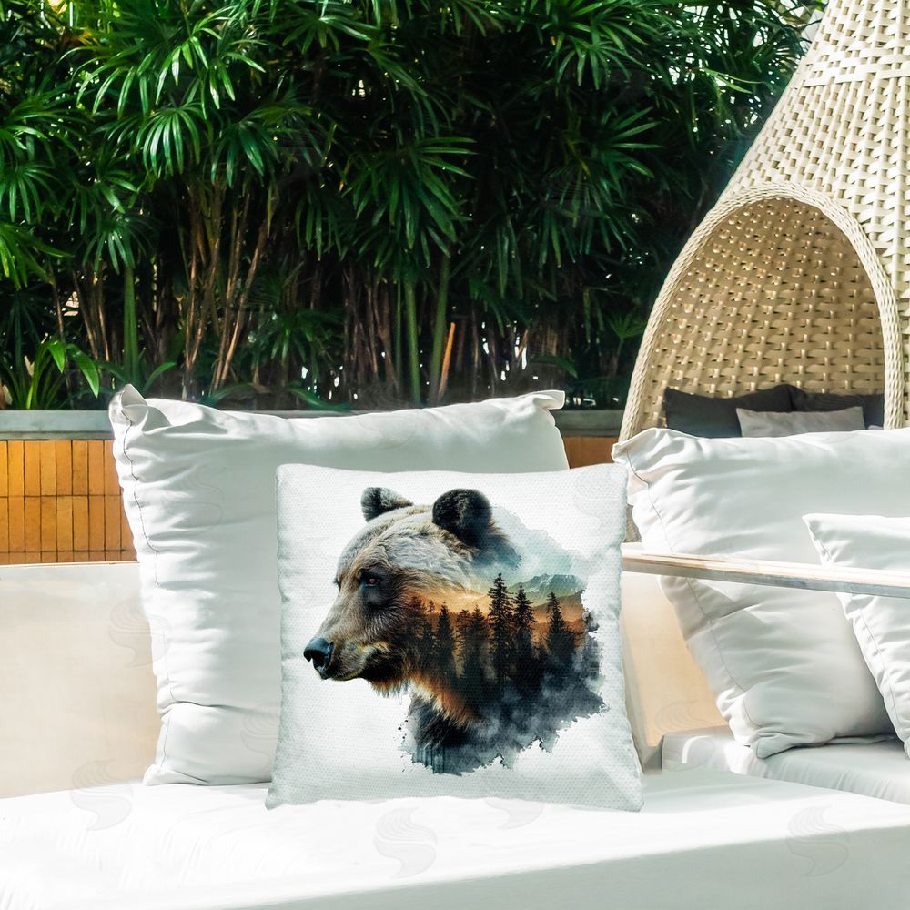 LSR Design Studio Bear Woodland Silhouette Outdoor Quick-Dry Polyester Printed Throw Pillow in Back Yard