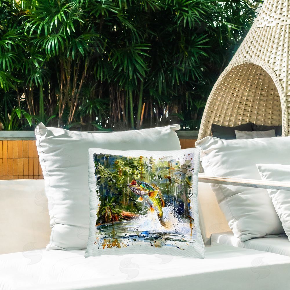 LSR Design Studio Jumping Bass Splash Outdoor Quick-Dry Polyester Printed Throw Pillow in Back Yard
