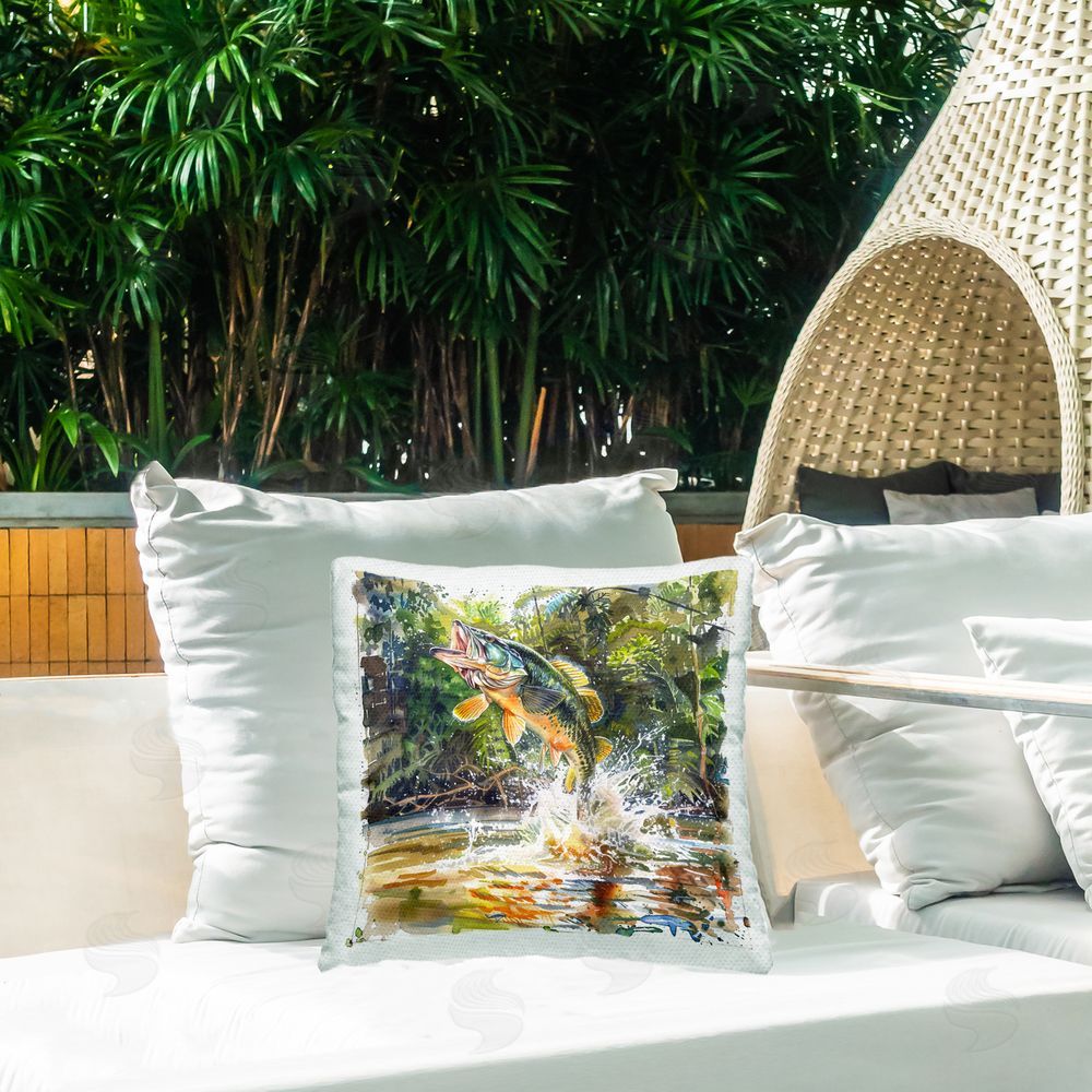 LSR Design Studio Jumping Bass Fish Outdoor Quick-Dry Polyester Printed Throw Pillow in Back Yard