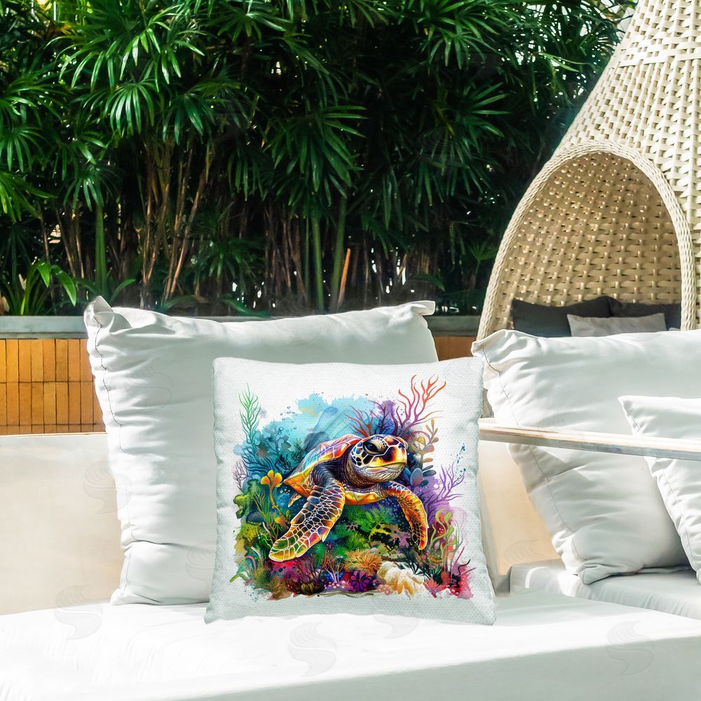 LSR Design Studio Coral & Sea Life Turtle Outdoor Quick-Dry Polyester Printed Throw Pillow in Back Yard