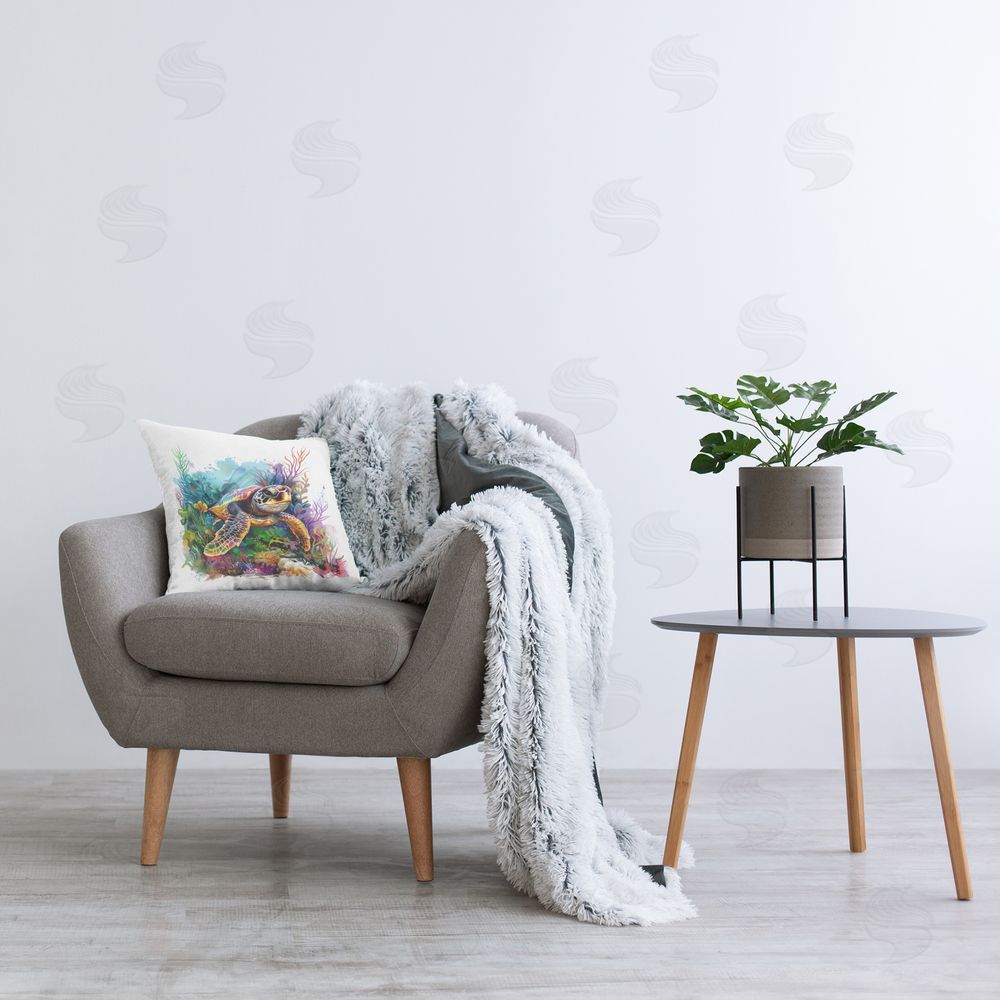 LSR Design Studio Coral & Sea Life Turtle Printed Plush Polyester Throw Pillow On Chair