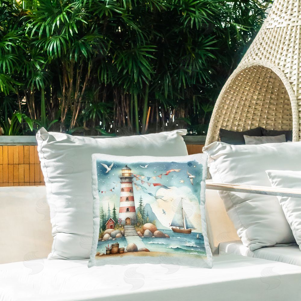 LSR Design Studio Whimsical Lighthouse & Birds Outdoor Quick-Dry Polyester Printed Throw Pillow in Back Yard