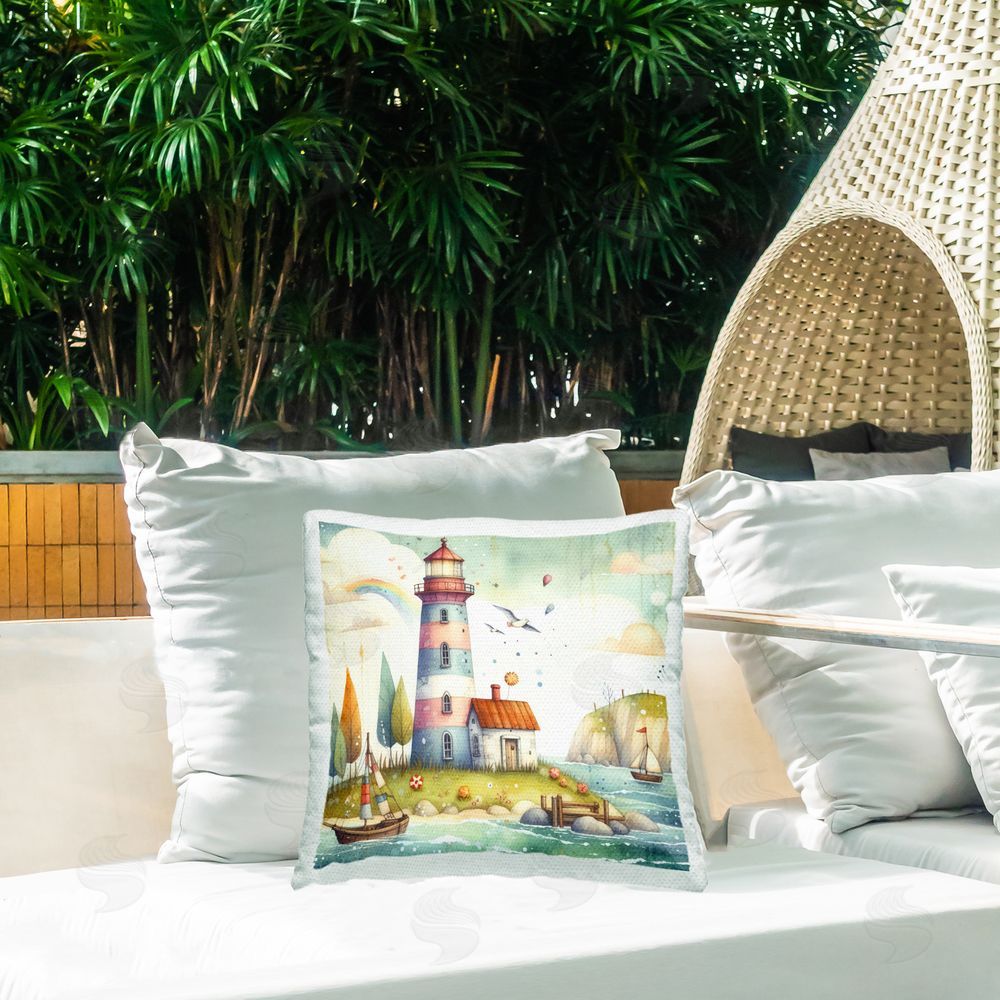 LSR Design Studio Lighthouse Cottage Scenery Outdoor Quick-Dry Polyester Printed Throw Pillow in Back Yard